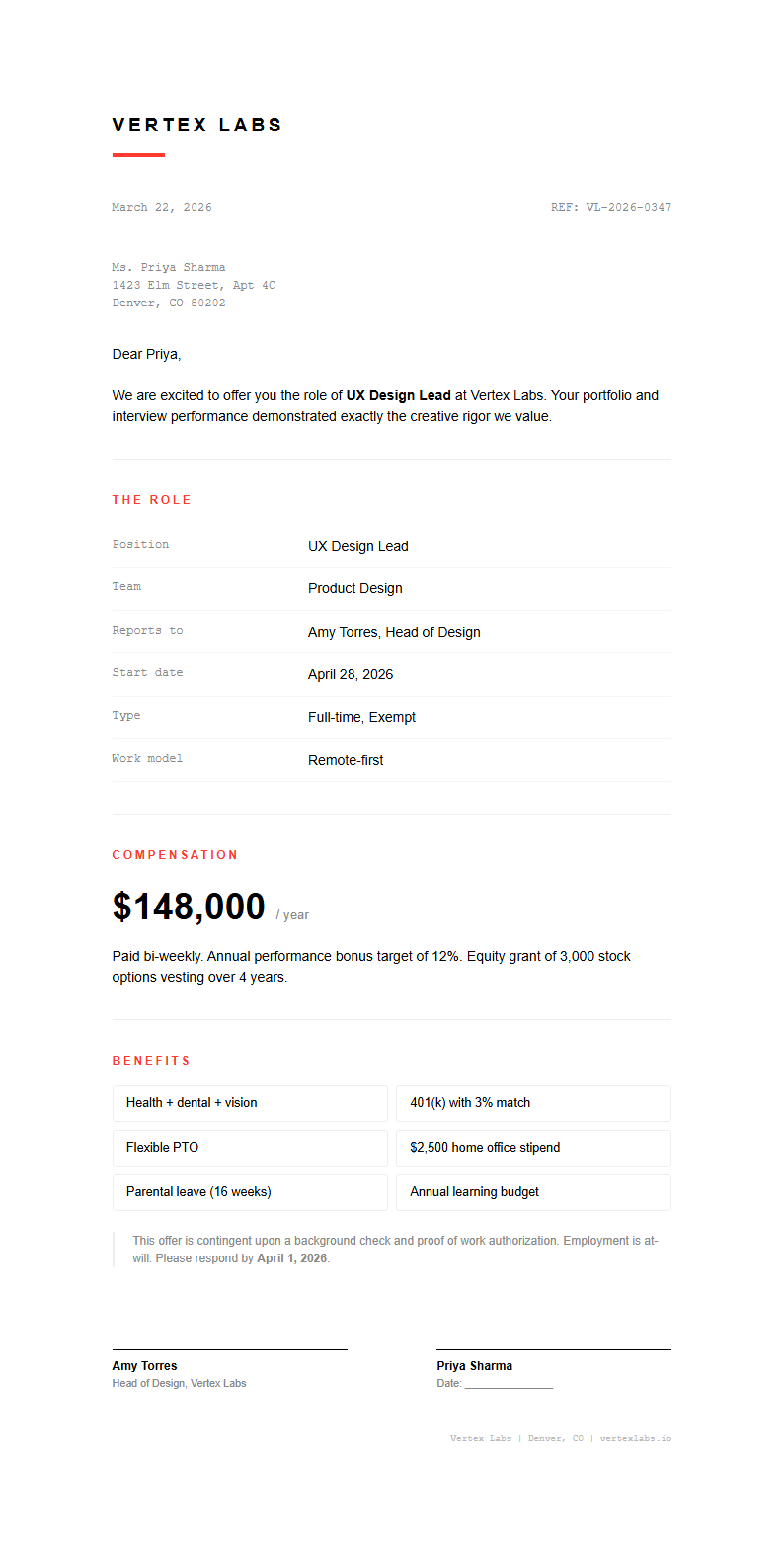 Modern minimal job offer letter